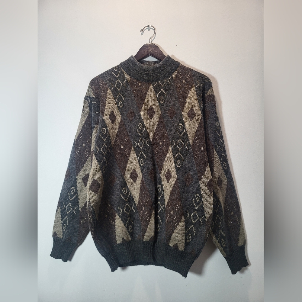 👕🌶 Vintage Paulo Conti Diamond Patterned Earth Toned Knitted Sweater